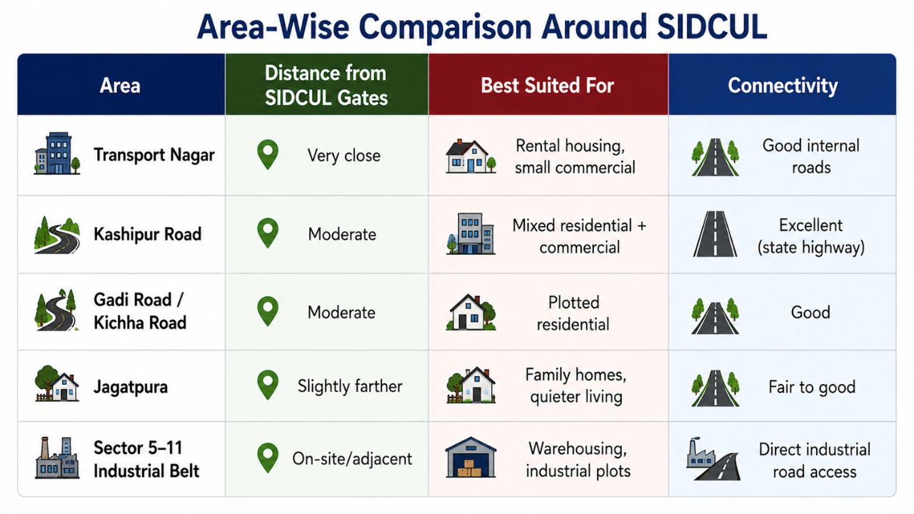 Comparison chart of areas around SIDCUL Rudrapur showing distance from SIDCUL, ideal property type, and road connectivity for homebuyers and investors.