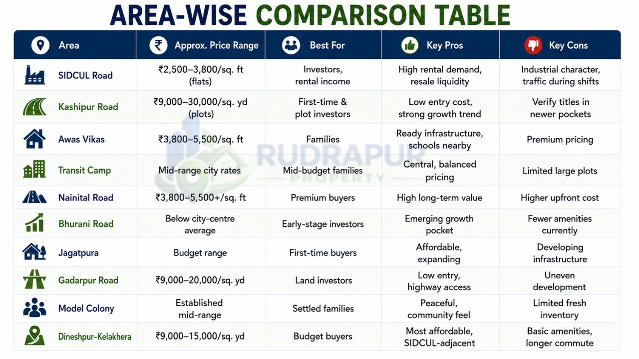 Area-wise comparison table of Rudrapur's top property locations, comparing price range, best buyers, advantages, and disadvantages for property investment in 2026.