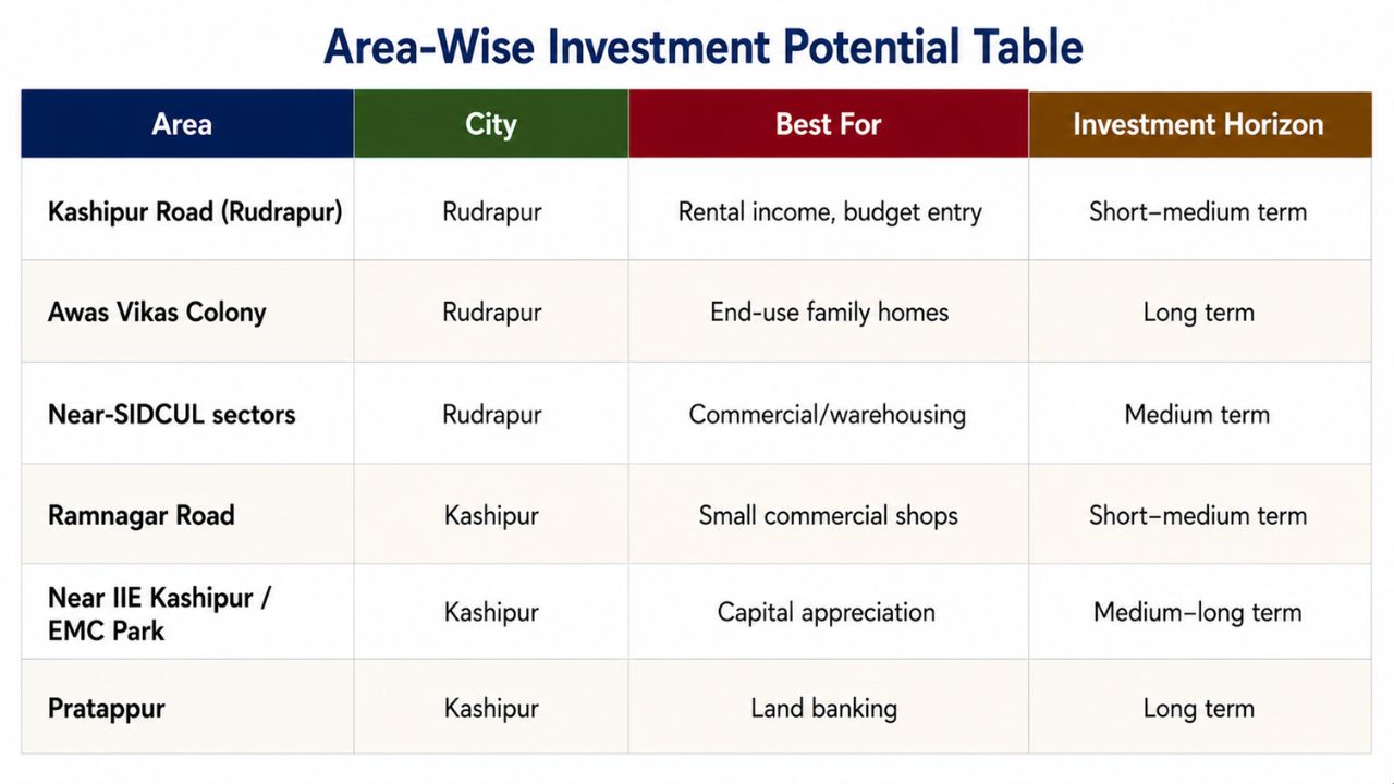 Area-wise investment potential comparison of Rudrapur and Kashipur showing the best locations for rental income, family homes, commercial investment, capital appreciation, and long-term land banking.