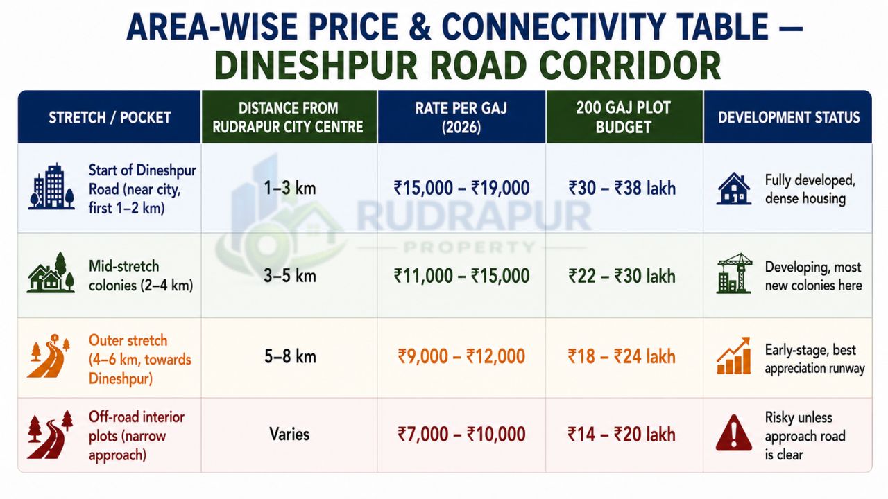 Infographic showing area-wise property prices, connectivity, distance from Rudrapur city centre, 200 Gaj plot budget, and development status along the Dineshpur Road Corridor in 2026.