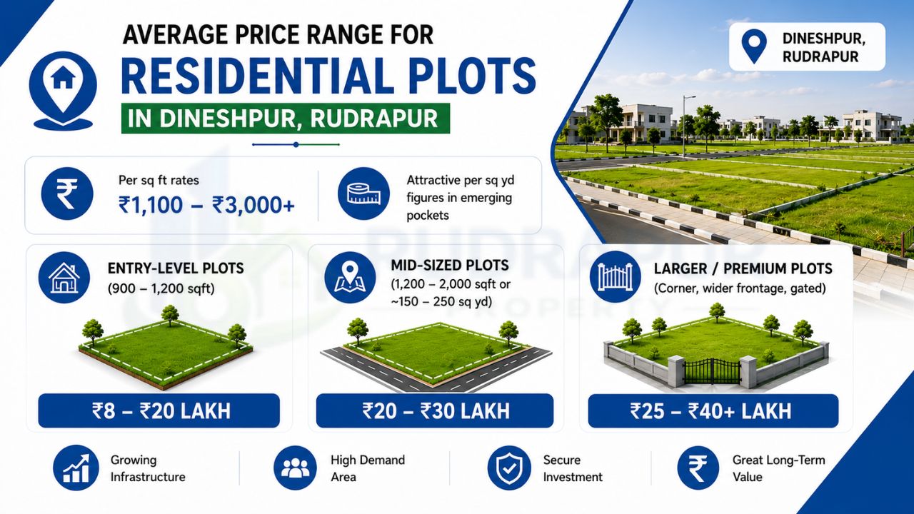 Average residential plot price range in Dineshpur, Rudrapur showing entry-level, mid-sized, and premium plot costs with per sq ft rates