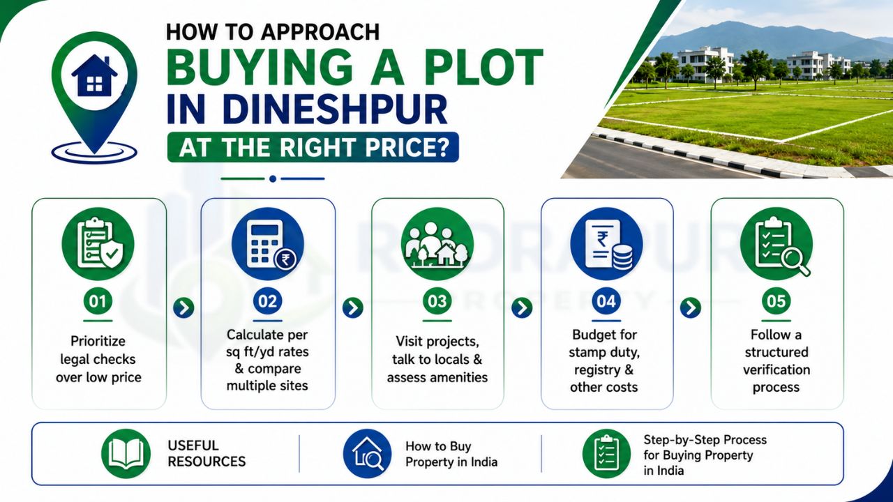 Guide to buying a residential plot in Dineshpur showing legal checks, price comparison, site visits, budgeting, and property verification steps