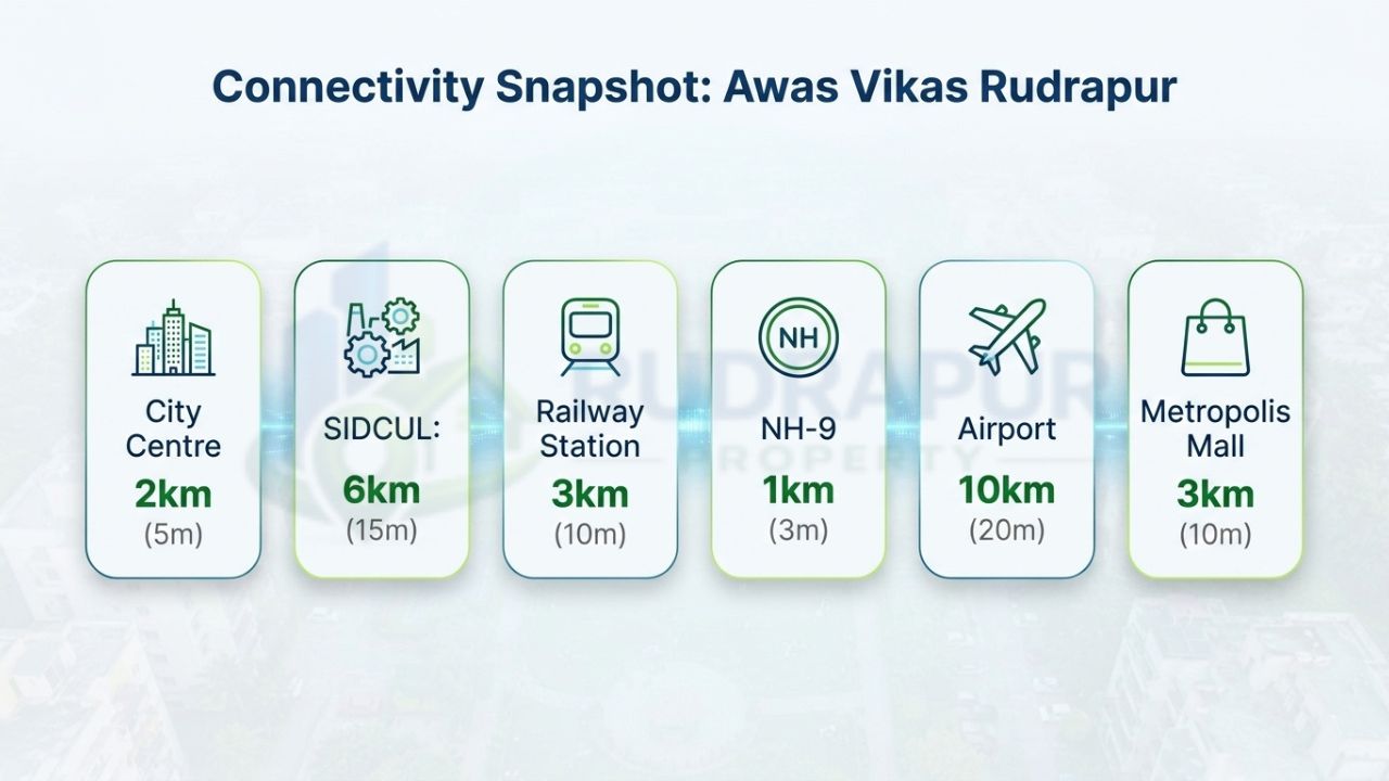 Connectivity infographic showing distances from Awas Vikas Rudrapur to City Centre, SIDCUL, Railway Station, NH-9, Airport, and Metropolis Mall.