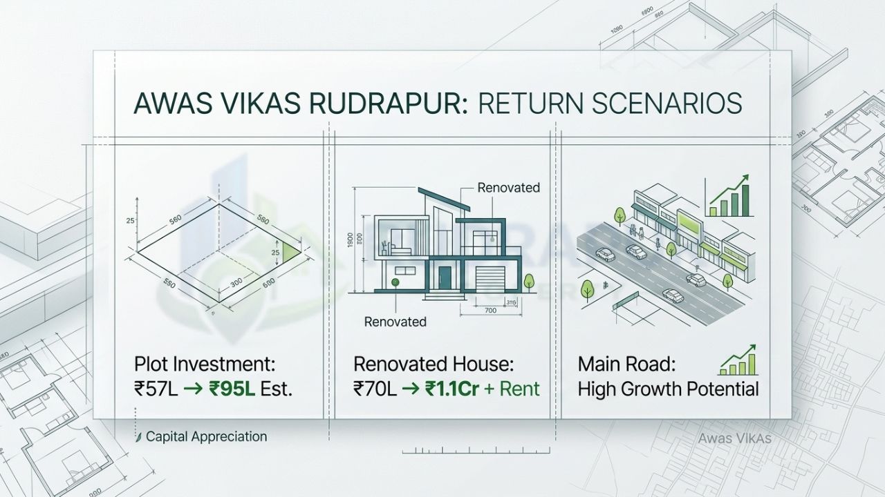 Investment return infographic showing potential appreciation for plots, renovated houses, and main road properties in Awas Vikas Rudrapur with estimated value growth and rental potential.