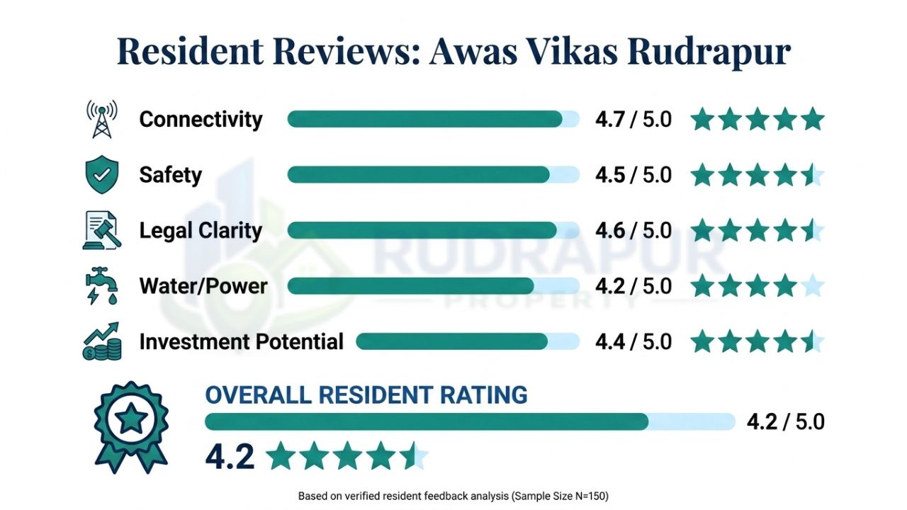 Resident review infographic showing ratings for Awas Vikas Rudrapur, including connectivity, safety, legal clarity, utilities, investment potential, and overall resident satisfaction.