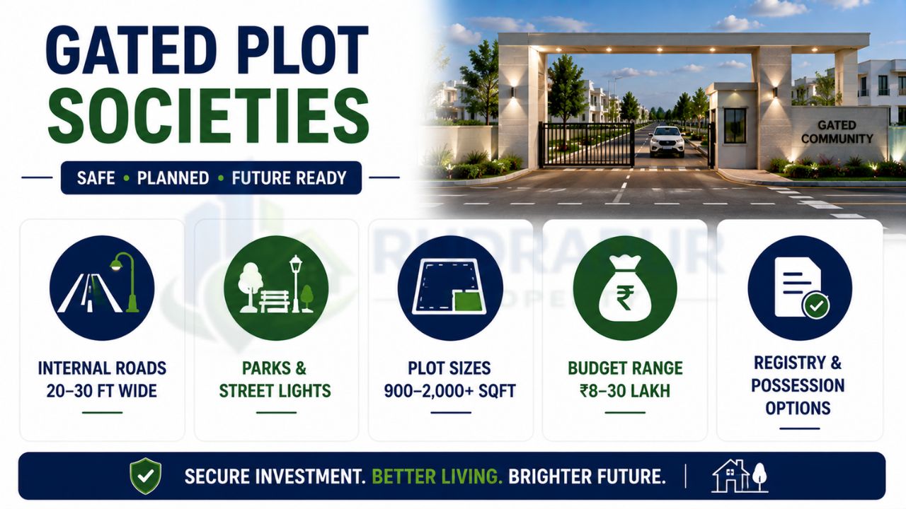 Infographic explaining the features of gated plot communities, including internal roads, parks, plot sizes, budget ranges, and registry options.