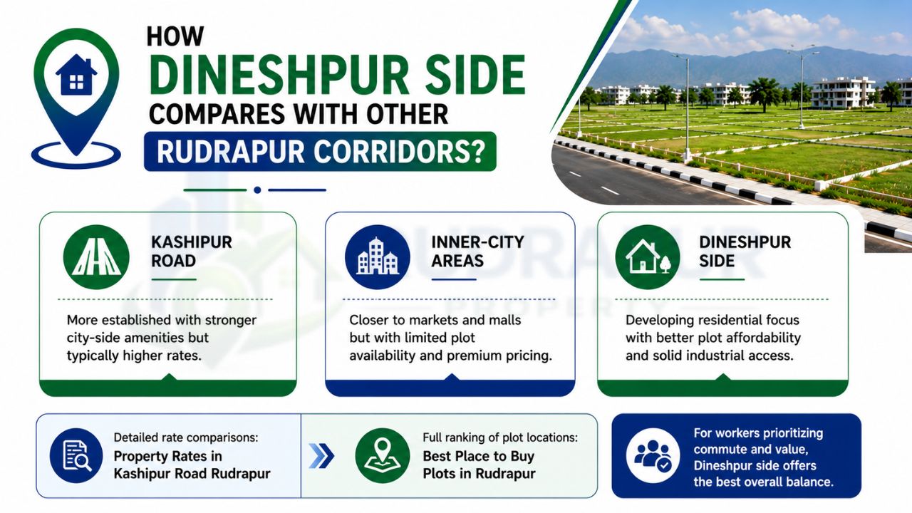 Dineshpur side vs other Rudrapur corridors comparison showing Kashipur Road, inner-city areas, and Dineshpur based on affordability, connectivity, and residential growth