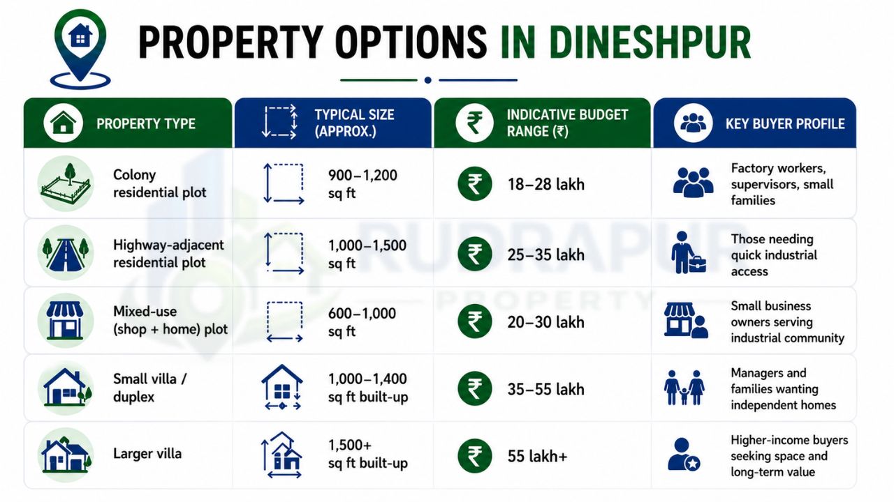 Property options in Dineshpur comparing residential plots, mixed-use plots, villas, sizes, budget ranges, and ideal buyer profiles