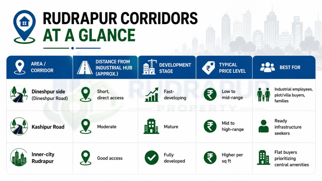Rudrapur property corridor comparison showing Dineshpur side, Kashipur Road, and Inner-city Rudrapur based on connectivity, development stage, price level, and ideal buyers