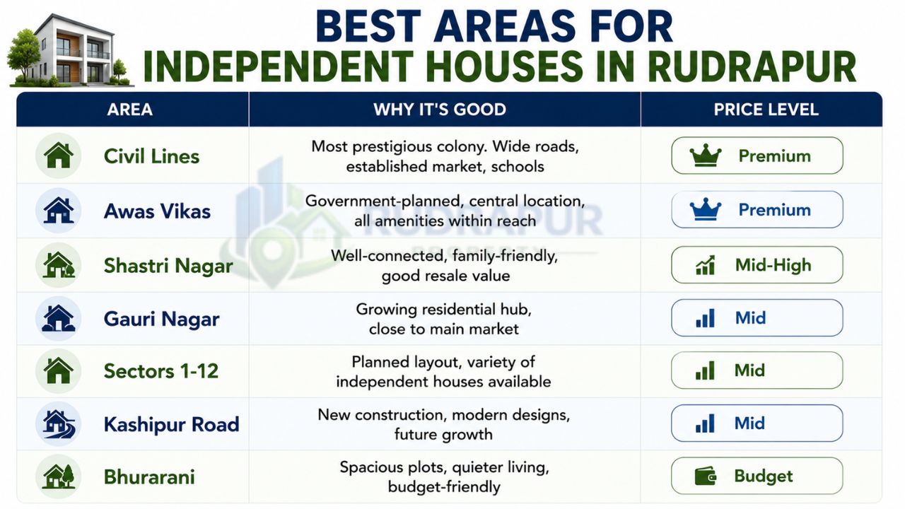 Infographic showing the best areas for independent houses in Rudrapur, including Civil Lines, Awas Vikas, Shastri Nagar, Gauri Nagar, Sectors 1–12, Kashipur Road, and Bhurarani with price levels.