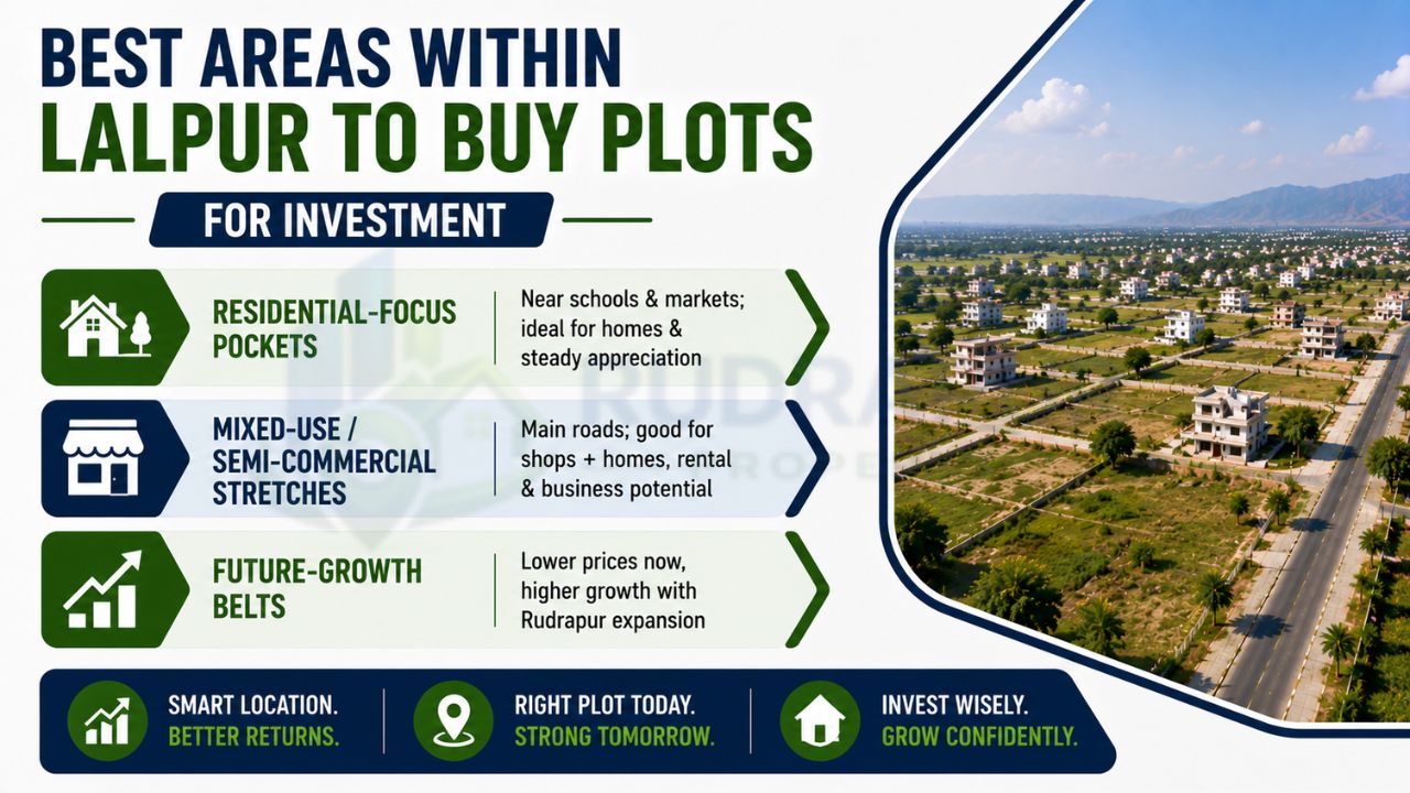 Infographic showing the best locations within Lalpur Rudrapur for plot investment, including residential pockets, mixed-use corridors, and future growth zones with appreciation potential.