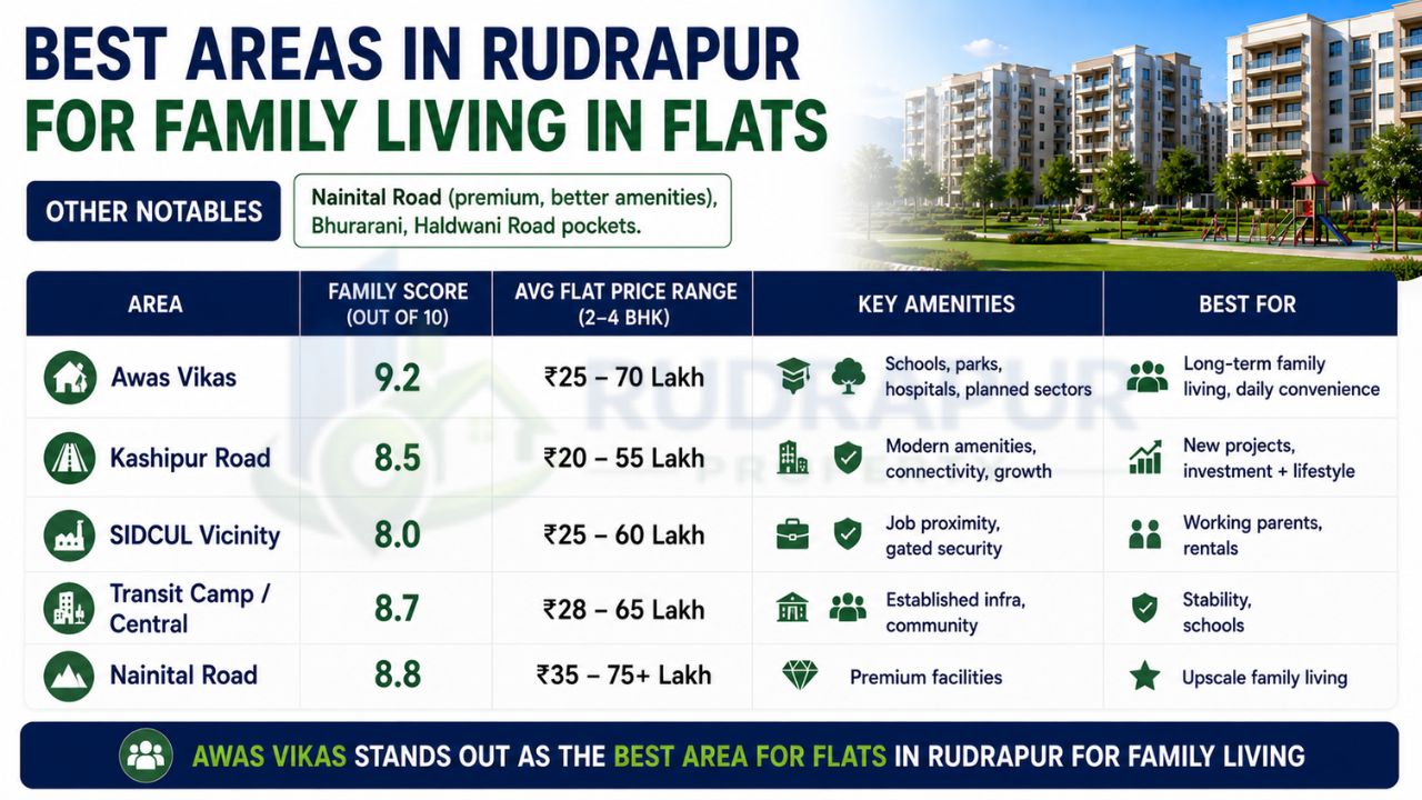 Infographic comparing the best residential areas in Rudrapur for family living, including Awas Vikas, Kashipur Road, SIDCUL vicinity, Transit Camp, and Nainital Road with family scores, amenities, and price ranges.