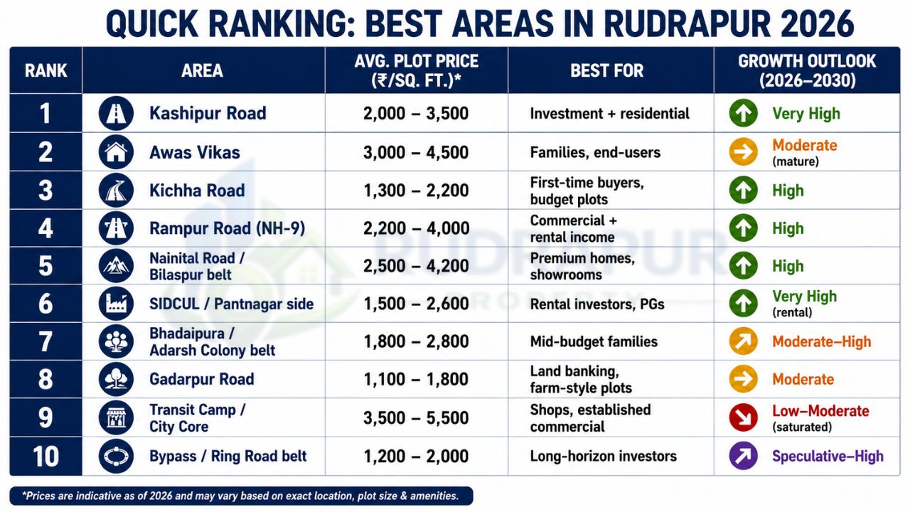 Infographic comparing the best areas in Rudrapur for different buyer types, including first-time buyers, investors, families, commercial buyers, and NRIs.