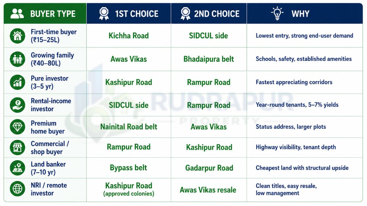 Infographic showing the best areas to buy property in Rudrapur based on buyer type, including first-time buyers, families, investors, commercial buyers, land bankers, and NRI investors.