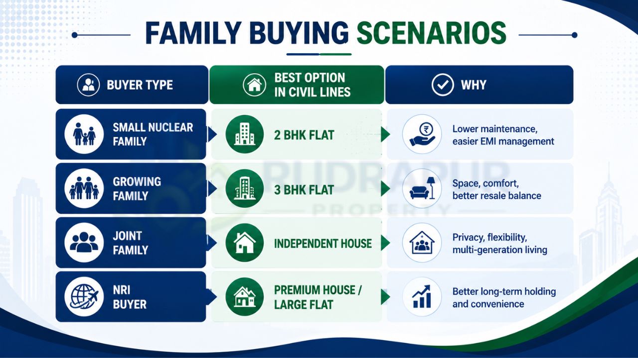Infographic showing the best property choices in Civil Lines Rudrapur for small families, growing families, joint families, and NRI buyers, including 2 BHK flats, 3 BHK flats, independent houses, and premium homes.