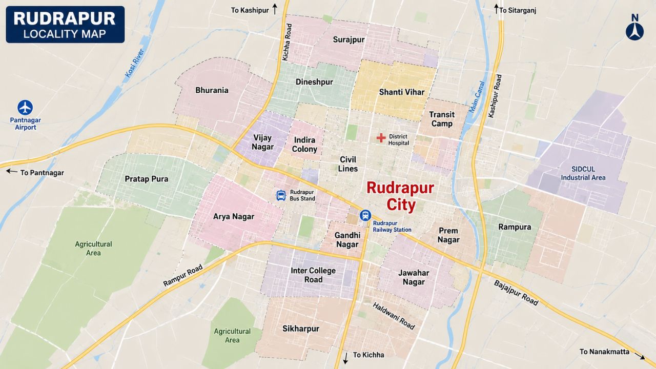 Detailed locality map of Rudrapur, Uttarakhand, highlighting major residential neighborhoods, SIDCUL Industrial Area, Pantnagar Airport, railway station, bus stand, hospitals, and key road connections.