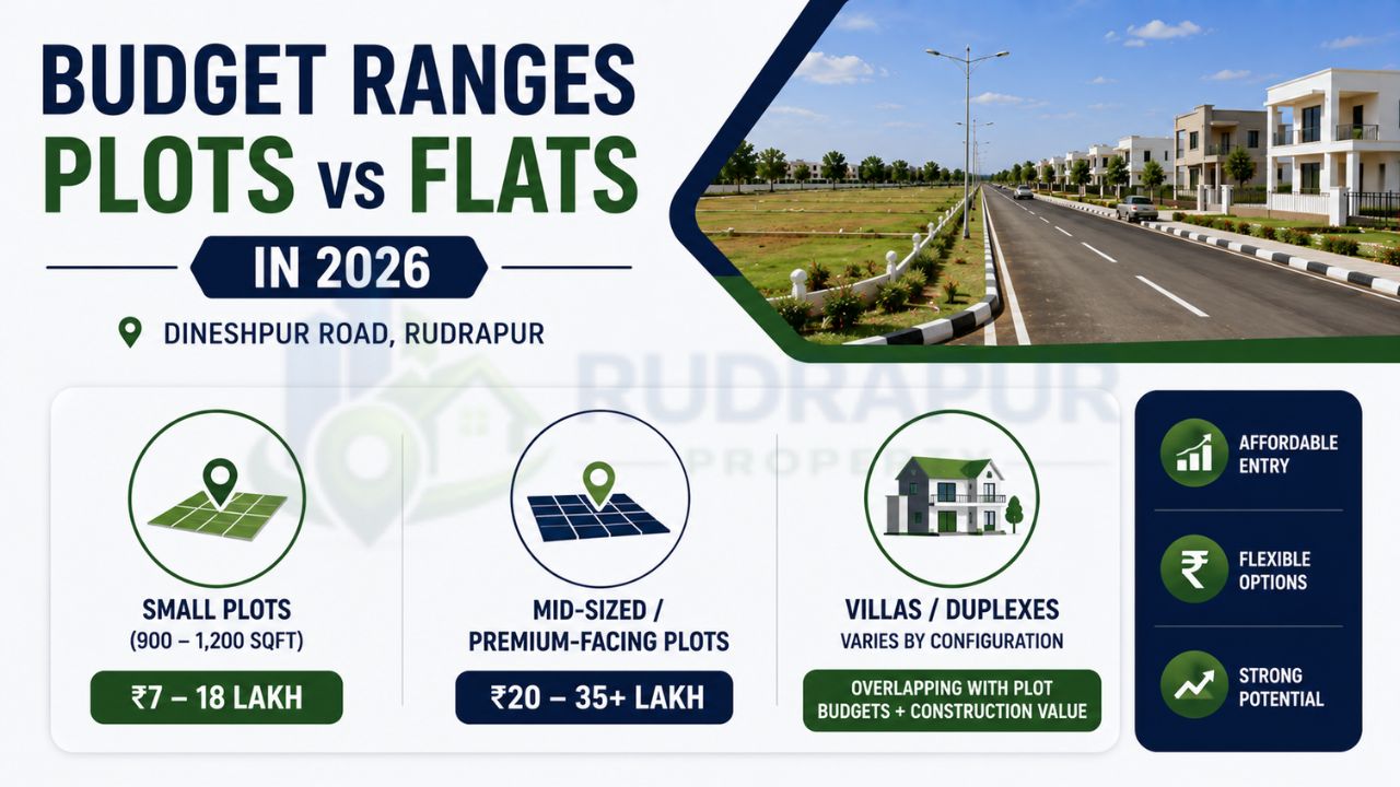 Infographic comparing the 2026 budget ranges for residential plots, premium plots, villas, duplexes, and flats in Dineshpur Road, Rudrapur.
