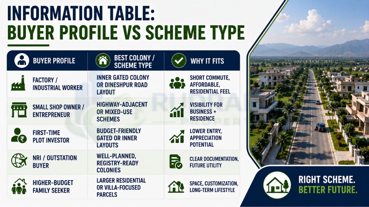 Infographic matching different buyer profiles with the best residential colonies and plot schemes in Dineshpur Rudrapur, including investors, families, entrepreneurs, NRIs, and industrial workers.