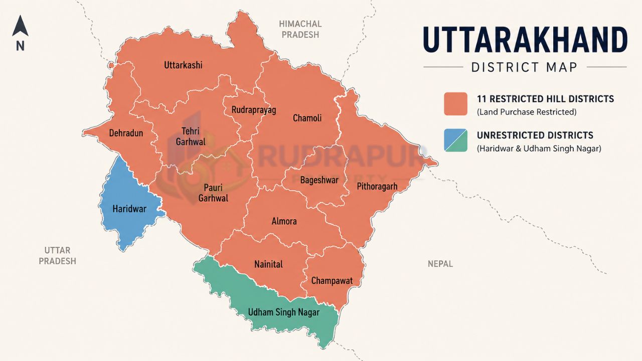 Uttarakhand district map highlighting restricted hill districts and unrestricted districts where outsiders can purchase land, including Haridwar and Udham Singh Nagar.