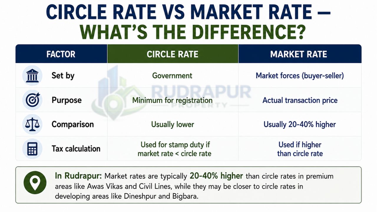 Infographic comparing circle rate and market rate in Rudrapur, explaining government valuation, market price, stamp duty, property registration, and tax calculation differences.