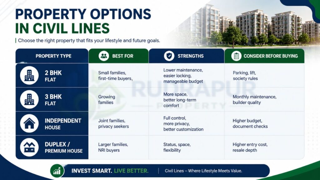 Comparison infographic of property options in Civil Lines Rudrapur featuring 2 BHK flats, 3 BHK flats, independent houses, and duplex homes with strengths, ideal buyers, and buying considerations.