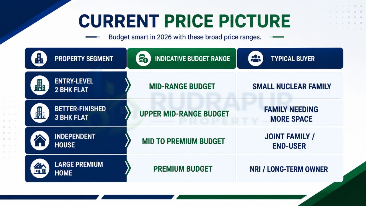 Price comparison infographic for Civil Lines Rudrapur showing indicative budgets for entry-level 2 BHK flats, 3 BHK flats, independent houses, and premium homes with their typical buyers.
