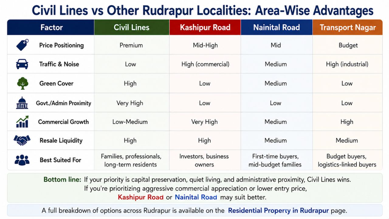 Comparison chart of Civil Lines, Kashipur Road, Nainital Road, and Transport Nagar in Rudrapur based on property prices, connectivity, green cover, resale value, and investment potential.