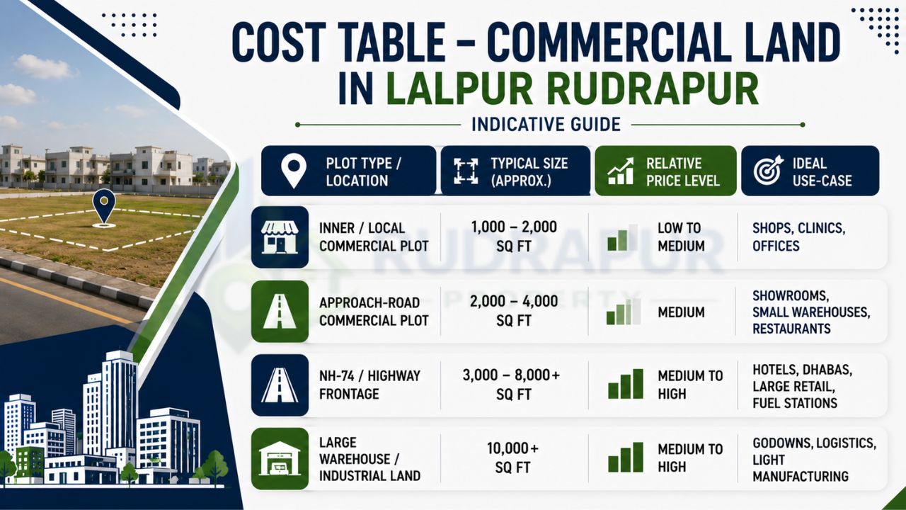 Infographic showing the cost table, plot sizes, price levels, and ideal commercial uses of different commercial land types in Lalpur Rudrapur.