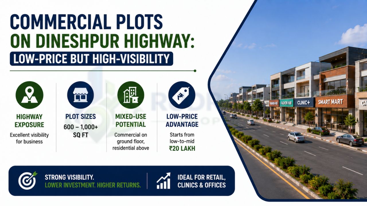 Infographic showing commercial plot investment opportunities on Dineshpur Highway, including highway frontage, plot sizes, mixed-use development potential, pricing, and business visibility.