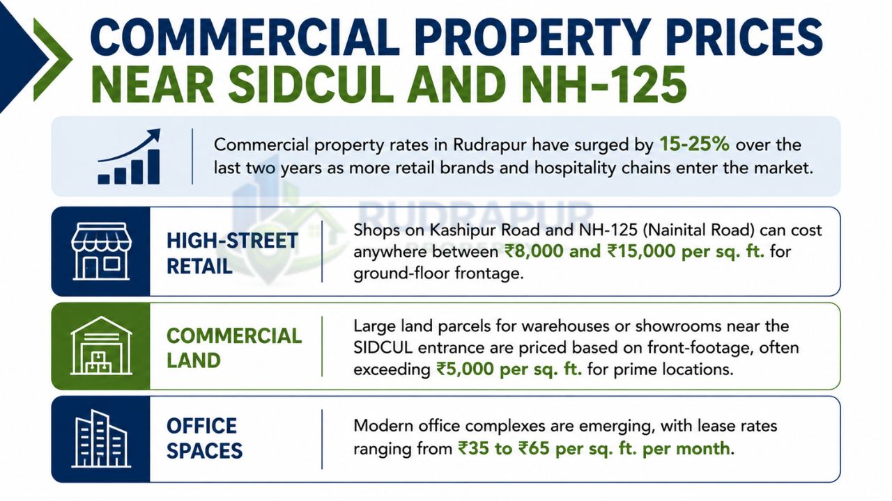 Commercial property prices near SIDCUL and NH-125 in Rudrapur showing retail shop rates, commercial land values, and office space lease prices for 2026.