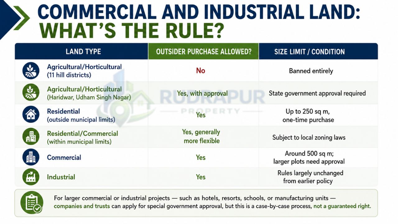 Infographic explaining commercial and industrial land purchase rules in Uttarakhand, including outsider eligibility, land types, size limits, and government approval requirements.