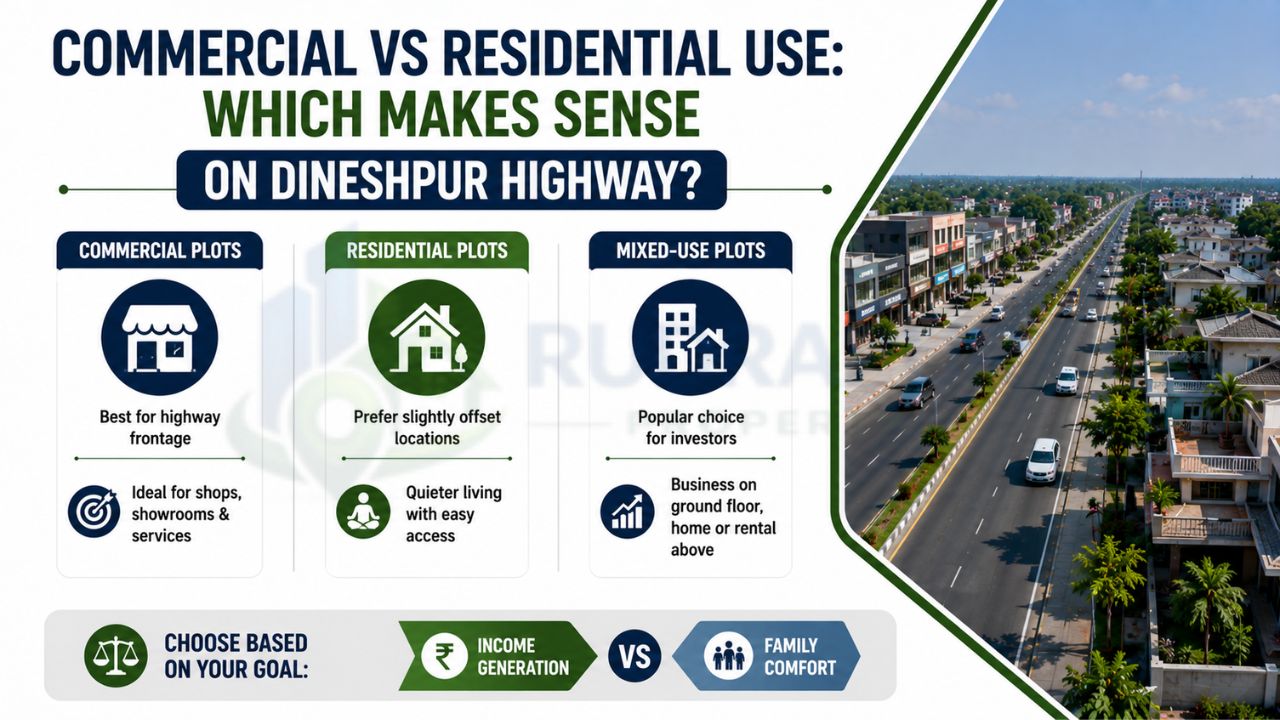 Infographic comparing commercial, residential, and mixed-use plots on Dineshpur Highway near Rudrapur, highlighting investment goals, income potential, family living, and property use.