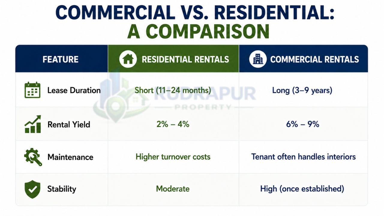 Infographic comparing commercial and residential rental properties in Rudrapur, including lease duration, rental yield, maintenance costs, and investment stability.