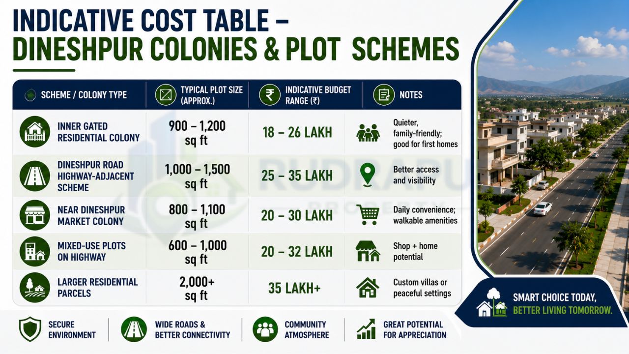 Infographic showing indicative prices for gated colonies, highway-adjacent plots, mixed-use schemes, residential layouts, and larger residential parcels in Dineshpur Rudrapur.