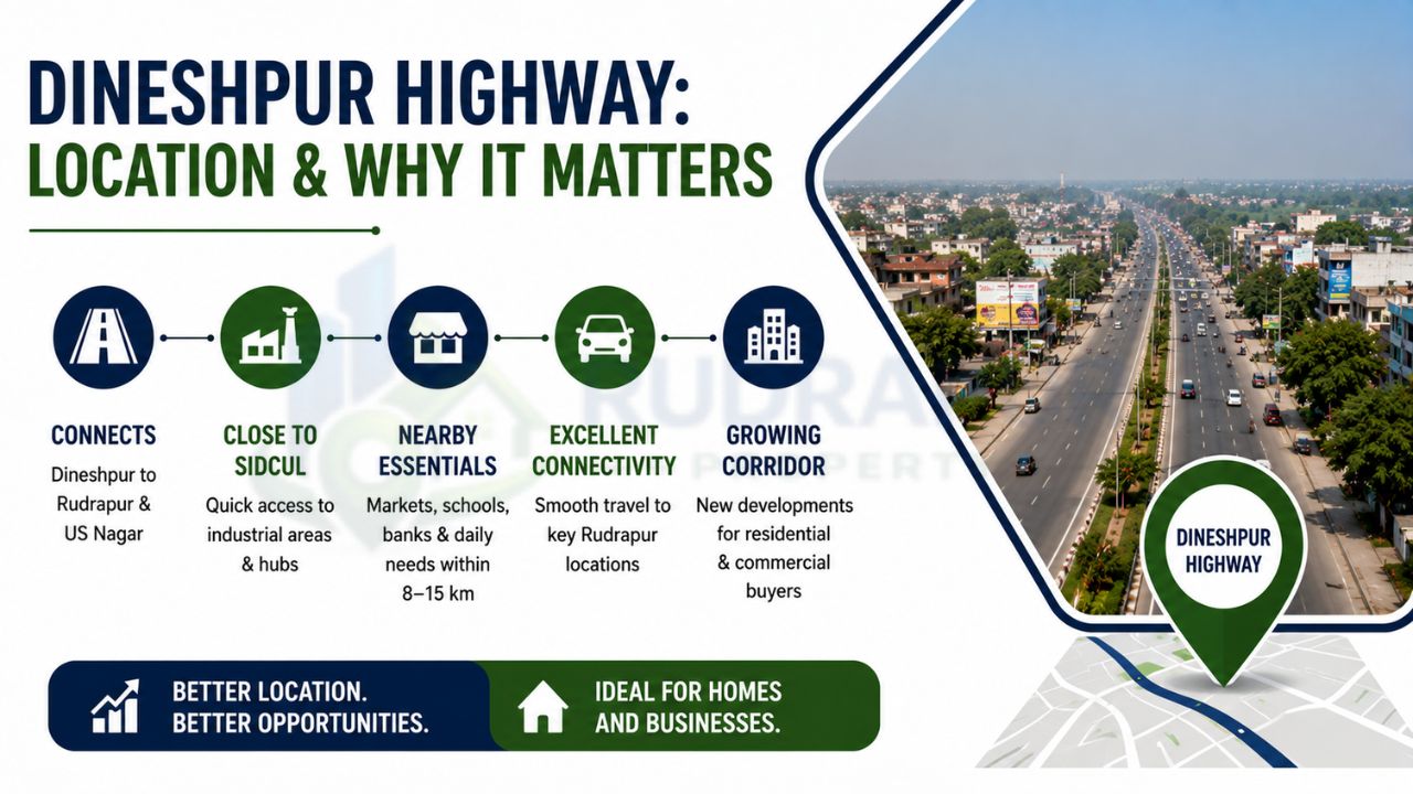 Infographic explaining Dineshpur Highway location advantages, including SIDCUL connectivity, nearby schools, markets, banking facilities, smooth transportation, and future growth potential.