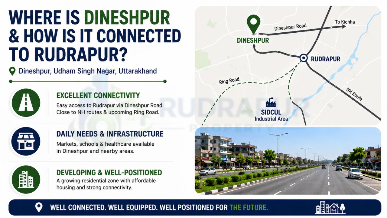 Infographic showing the location of Dineshpur, its road connectivity with Rudrapur, SIDCUL, Ring Road, and nearby highways.