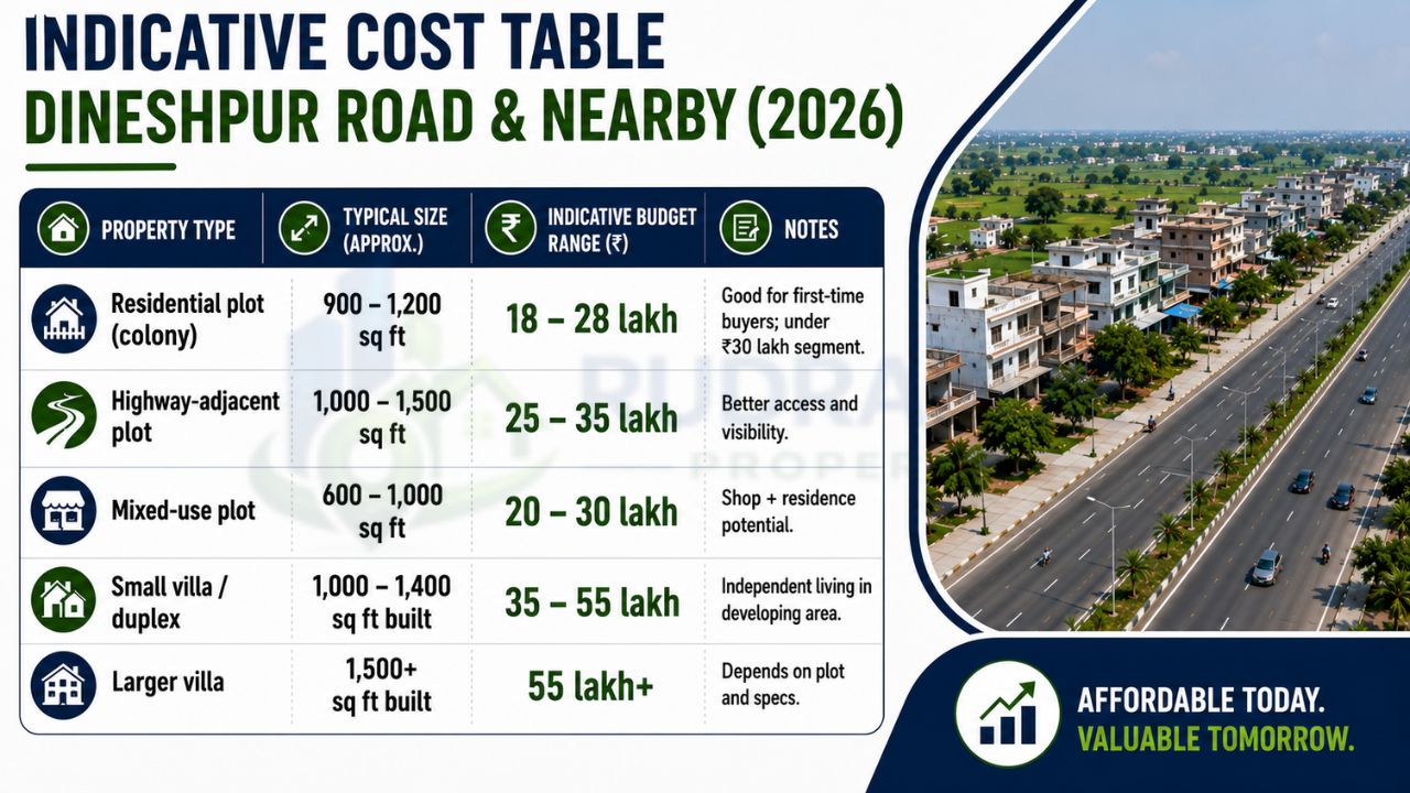Infographic showing 2026 property prices on Dineshpur Road, including residential plots, highway plots, mixed-use plots, villas, duplexes, and indicative budget ranges.