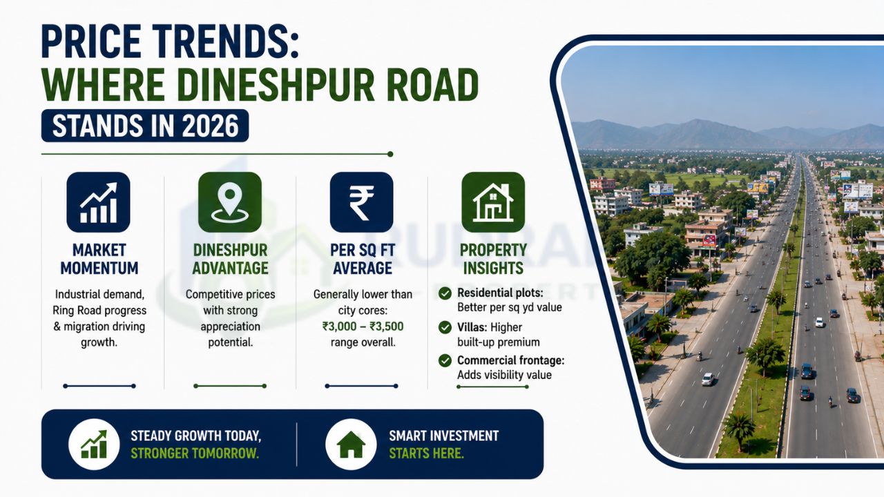 Infographic showing Dineshpur Road property price trends in 2026, including market momentum, price per square foot, appreciation potential, and residential and commercial property insights.