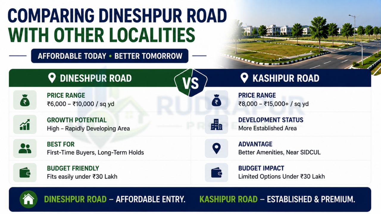 Infographic comparing Dineshpur Road and Kashipur Road in Rudrapur based on plot prices, development status, investment potential, and affordability.