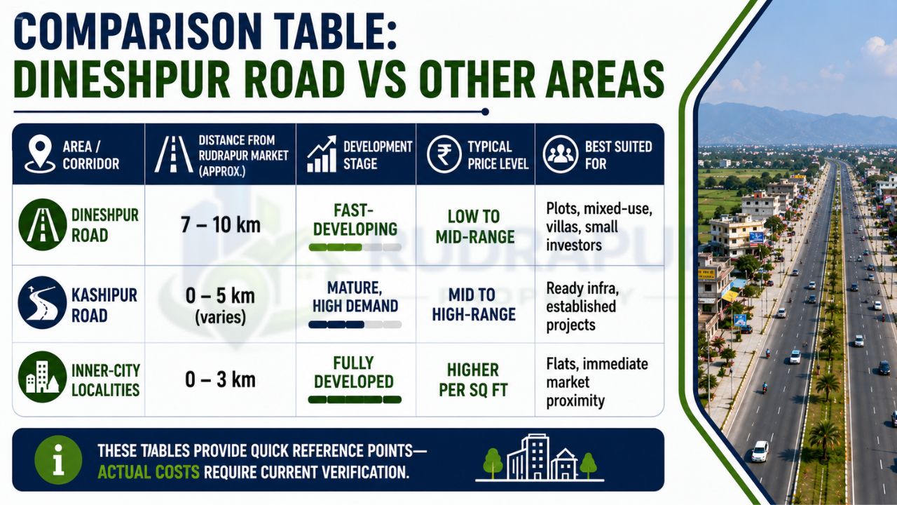 Comparison infographic showing Dineshpur Road, Kashipur Road, and inner-city Rudrapur based on distance, development stage, property prices, and ideal investment purpose.