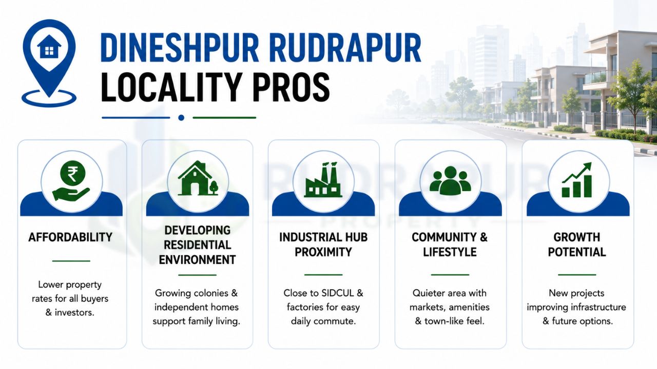 Dineshpur Rudrapur locality pros highlighting affordability, developing residential environment, industrial hub proximity, community lifestyle, and future growth potential