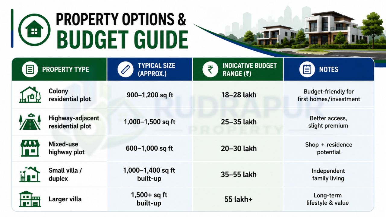Property options and budget guide comparing residential plots, mixed-use plots, villas, plot sizes, and estimated budget ranges in Dineshpur Road, Rudrapur