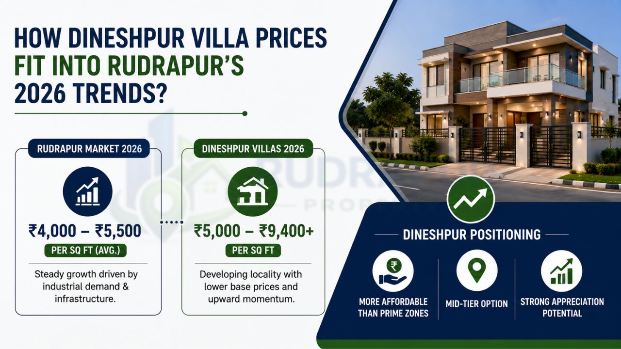 Infographic comparing Dineshpur villa prices with Rudrapur property rates in 2026, showing average price per square foot, affordability, appreciation potential, and market positioning.