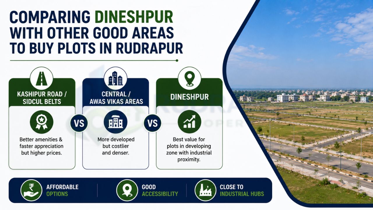 Infographic comparing Dineshpur with Kashipur Road, SIDCUL, Central Rudrapur, and Awas Vikas for plot investment opportunities.