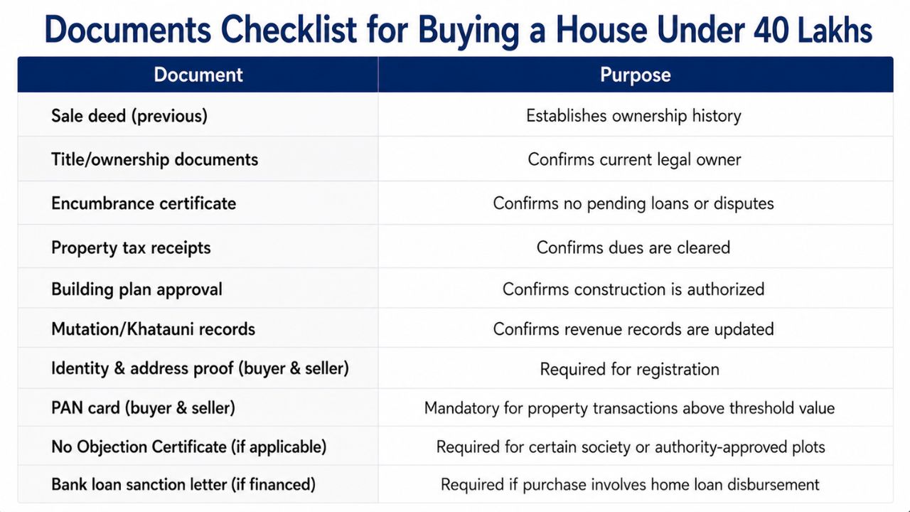 Checklist of legal documents required for buying a house under ₹40 lakhs, including sale deed, title documents, encumbrance certificate, property tax receipts, mutation records, PAN card, and bank loan documents.