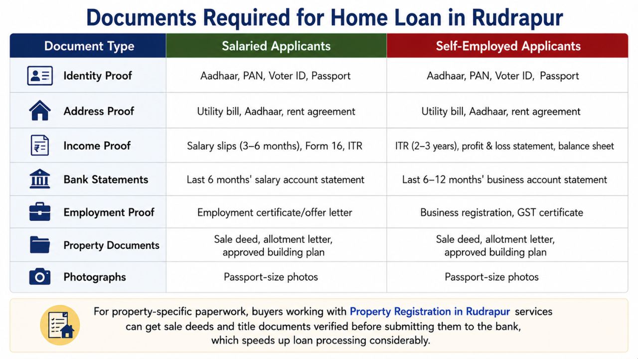 Checklist of documents required for a home loan in Rudrapur for salaried and self-employed applicants, including identity proof, income proof, bank statements, and property documents.