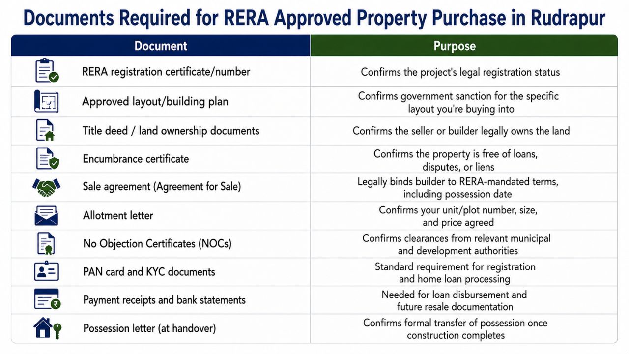 Checklist of documents required for purchasing a RERA approved property in Rudrapur, including RERA registration, title deed, layout approval, sale agreement, KYC, and possession letter.