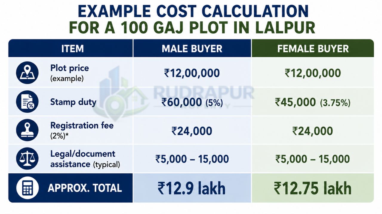 Infographic showing the cost calculation for a 100 Gaj plot in Lalpur, Rudrapur, including plot price, stamp duty, registration fee, legal charges, and total purchase cost for male and female buyers.