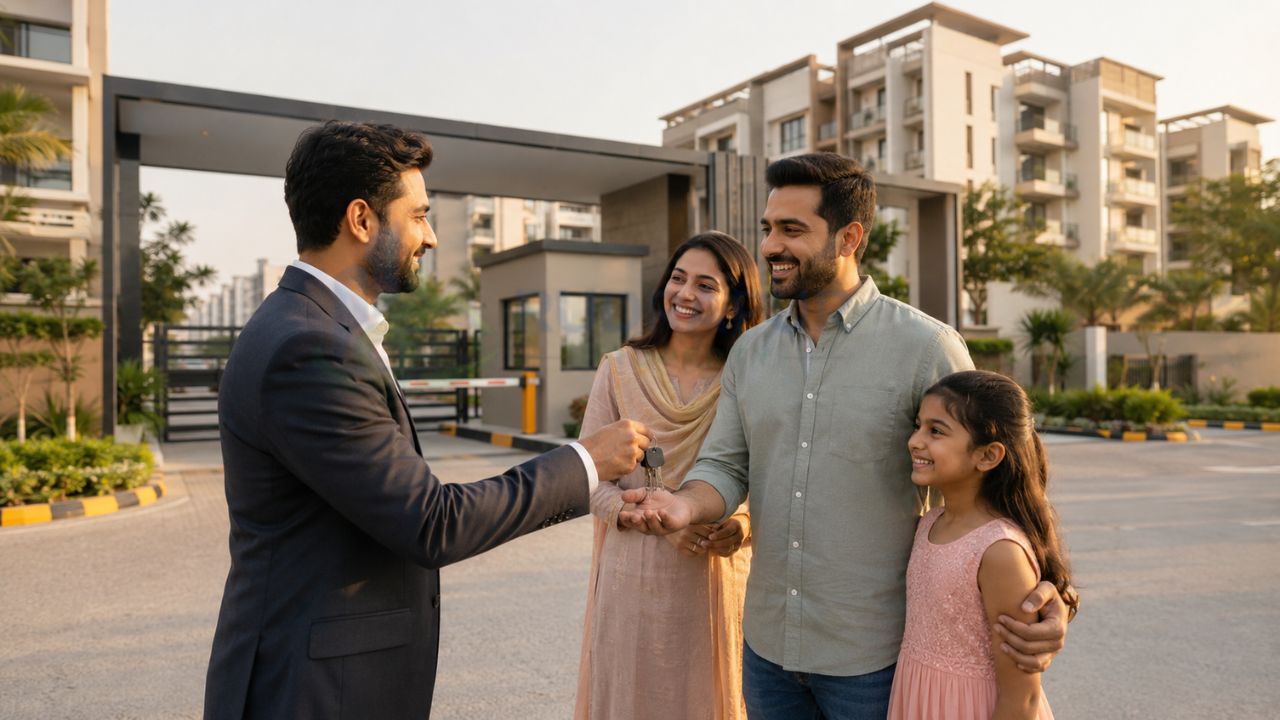 Real estate agent handing over house keys to a happy family outside a modern residential apartment in Rudrapur, Uttarakhand.