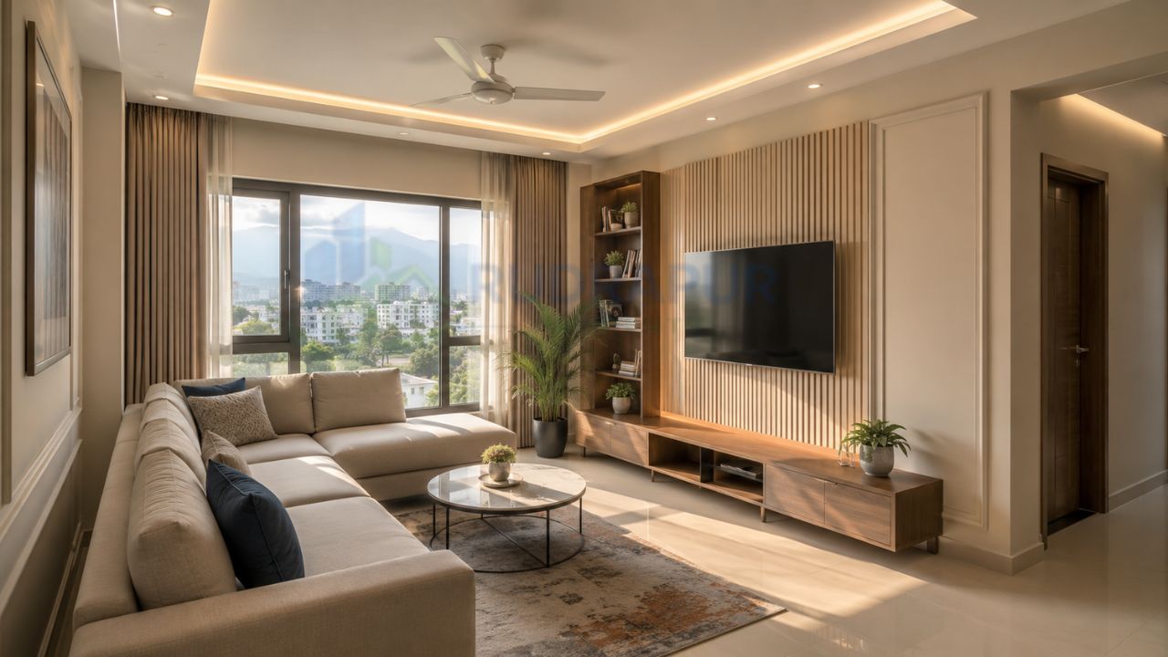 Modern 2BHK apartment living room in Rudrapur showcasing affordable flats under ₹30 lakh with contemporary interior design, spacious layout, and premium finishes.